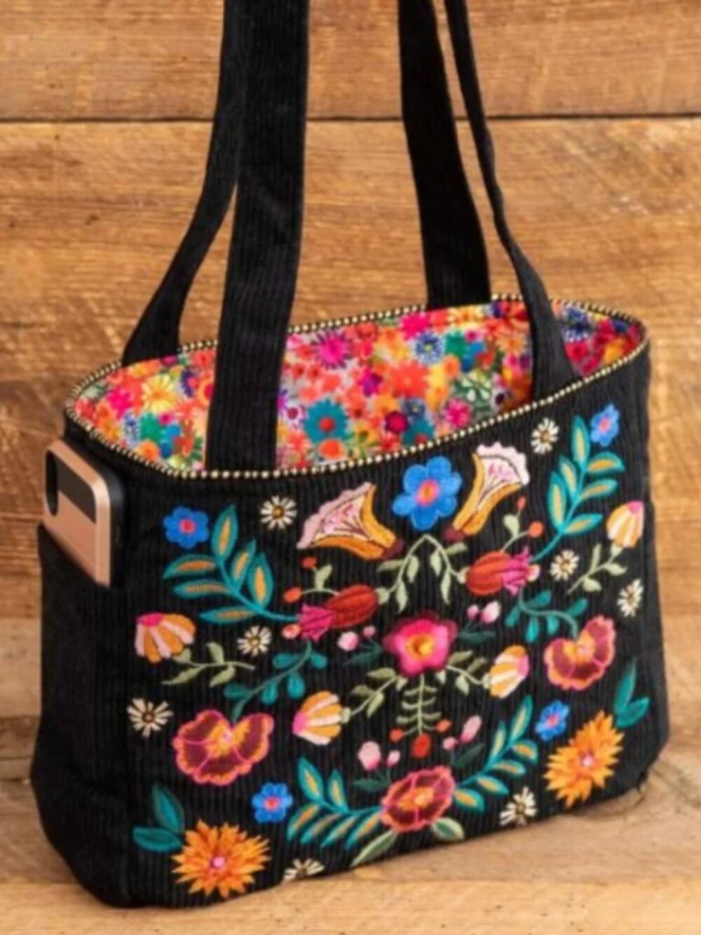 NATURAL LIFE Embroidered Corduroy Tote – Black Folk Flower – Boho Floral